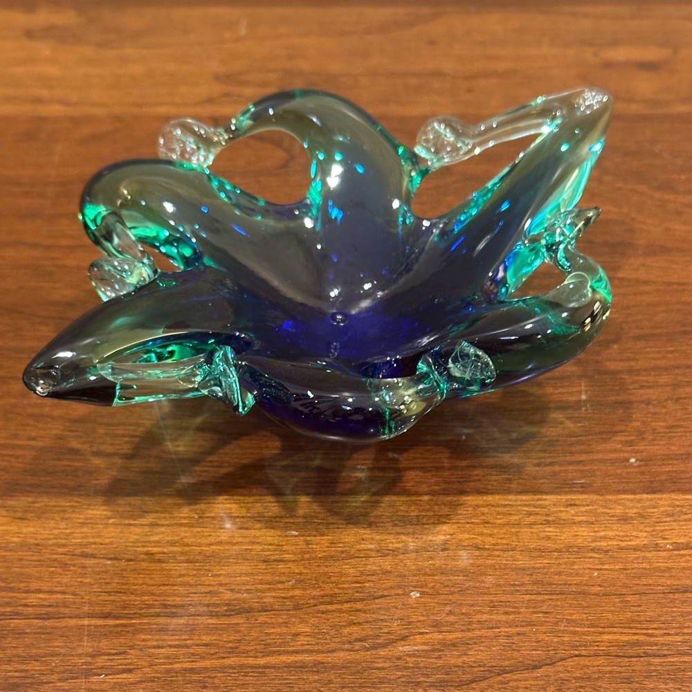 🌟3xHP🌟VTG 1970s-80s Murano Blue & Green Star Shaped Small Art Glass Bowl Italy